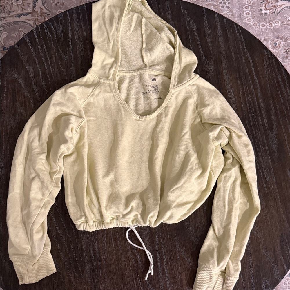 SO Pale Yellow Cropped Drawstring Hoodie Sweatshirt